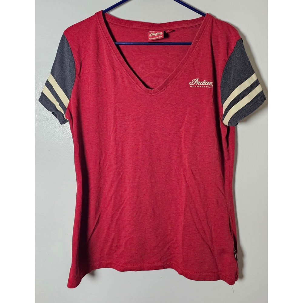 Indian Motorcycle Womens V-Neck T-Shirt Red Grey Striped Logo Graphic Size Large